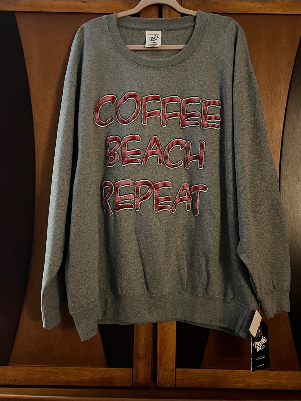 NWT Pacific & Co. Coffee Beach Repeat Rubber Graphic on Heather Gray Sweatshirt